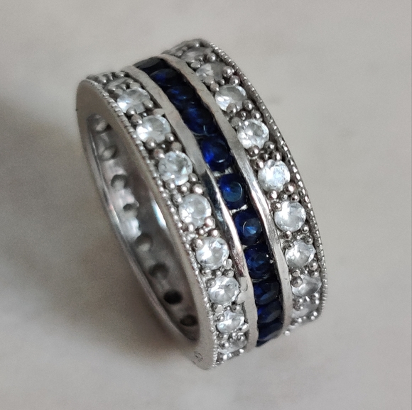 Dazzling Three Row Sterling Silver Band Ring 💍with CZ and Sapphires - Picture 2 of 15